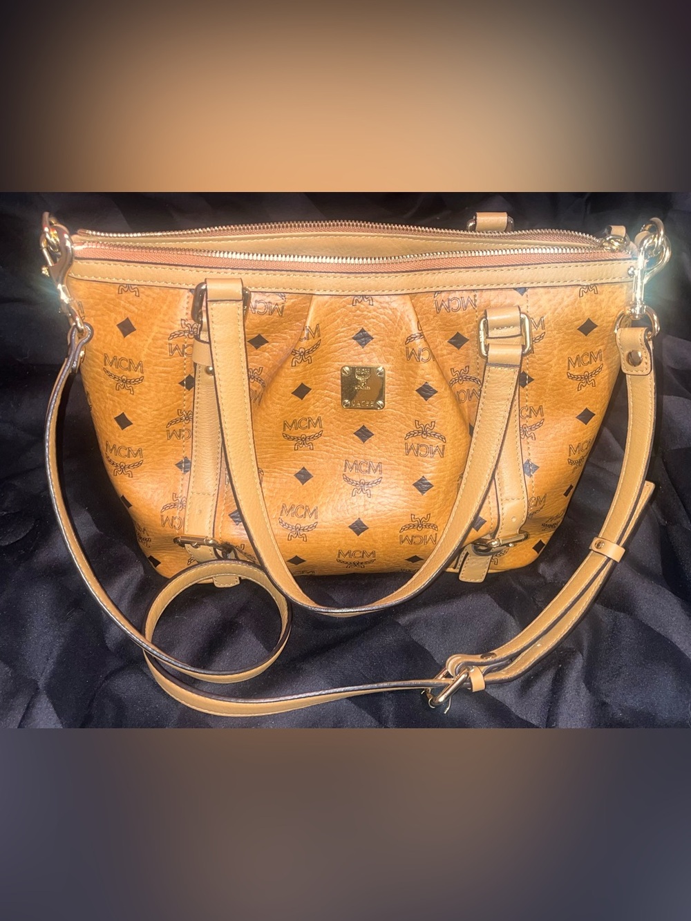 MCM Cognac Visetos Monogram Shoulder Bag with Gold Plate